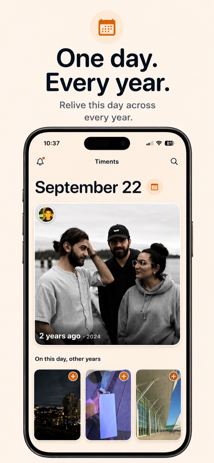 The Today feed showing a moment from this date, with the same date from past years below.